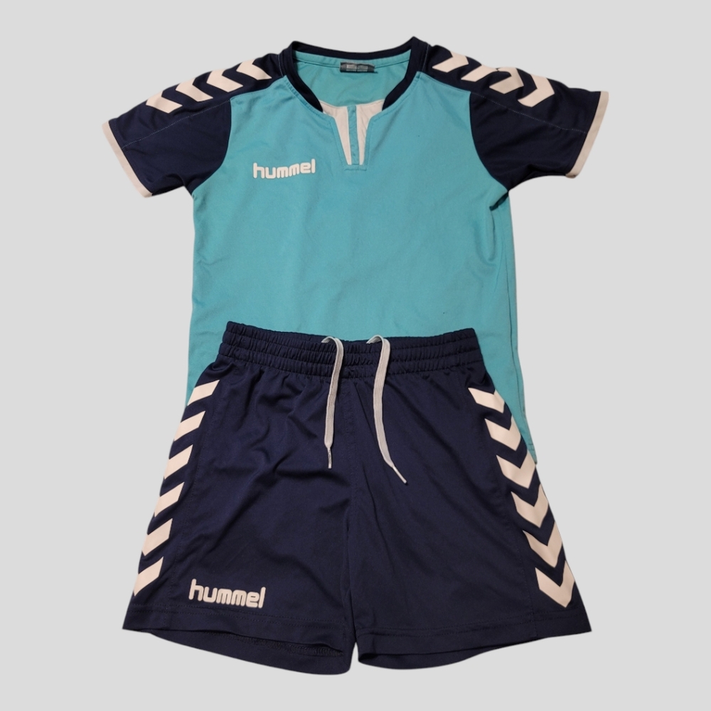 HUMMEL Set Shirt & Shorts Kid Youth Small Navy-Mint Jersey Soccer Chevron Sports